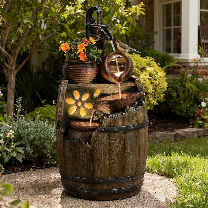 Water Fountain Outdoor 29" H Outside Floor 3 Tiered Rustic Barrel with Light, Pump for Garden, Patio, Deck, Porch, Backyard Home Decor
