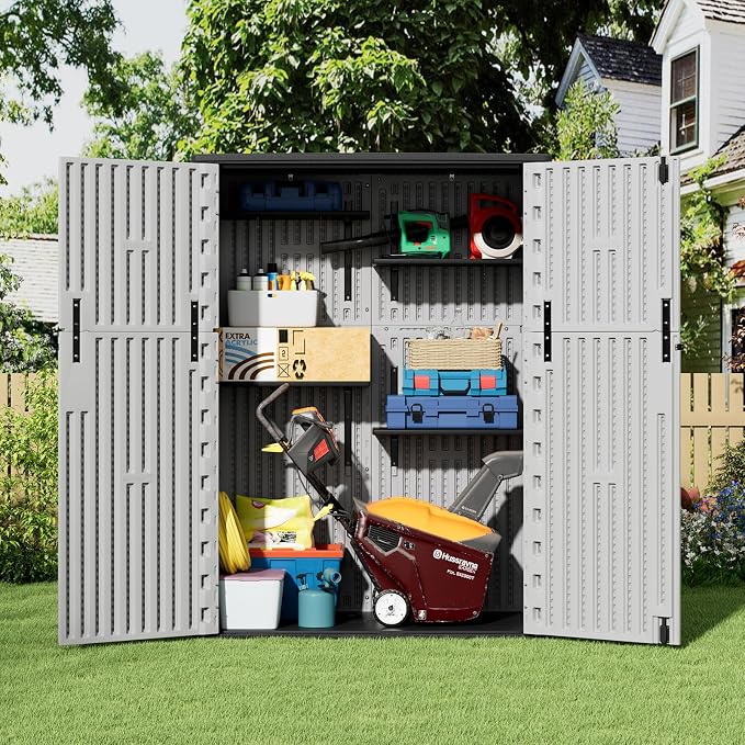 ZZM 57 Cu.ft Outdoor Storage Shed HDPE Storage Cabinet, Double-Wall Resin Sheds with Floor Vertical Lockable Sheds Garden Tools Trash Can, Lawn Mower, Bike Storage, Waterproof, Gray - Image 2
