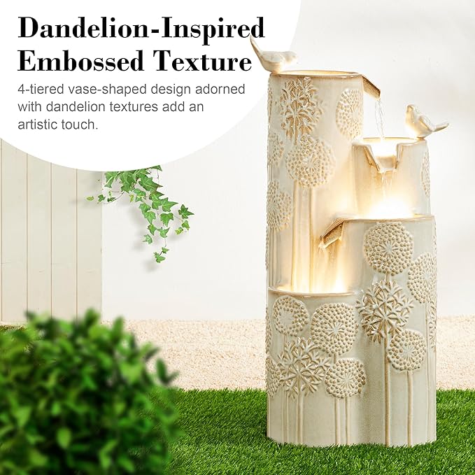 Glitzhome Water Fountain Outdoor with LED Lights, 4-Tier Vase Shaped Ceramic Outdoor Fountain, Dandelion Glaze Water Fountains Feature for Garden Backyard Patio, Sand Beige, 31.7”H