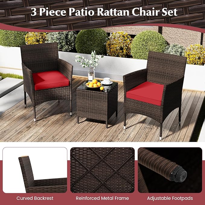KOTEK 3 Piece Patio Furniture Set, Outdoor Wicker Patio Chairs with Soft Cushions & Tempered Glass Top Table, PE Rattan Bistro Set for Porch, Garden, Balcony (Red)