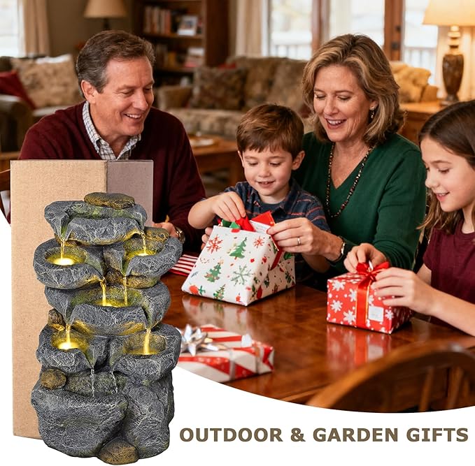 5 Tiered Solar Powered Water Fountain, Solar Water Fountain Outdoor Garden Cascading Rock Water Fall Fountains Outside with Lights for Backyard, Patio, Deck, Porch, 24" H x 13.39" L x 9.6" W