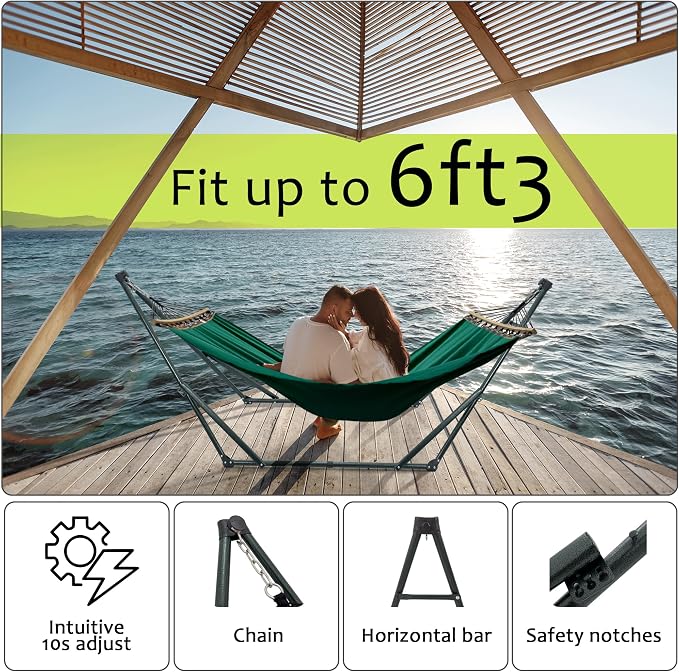 Tranquillo Sturdy Steel Hammock Stand with Premium Cotton Canvas, 600 lbs Capacity Folding, Portable Hammock Stand 30-Second Fold Unfold Spacious Design, (Canvas - Emerald Green) - Image 2