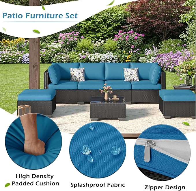 U-MAX 7 Piece Outdoor Patio Furniture Set, PE Rattan Outdoor Wicker Sectional Furniture Chair Set with Cushions and Tea Table, Black Rattan and Peacock Blue Cushion