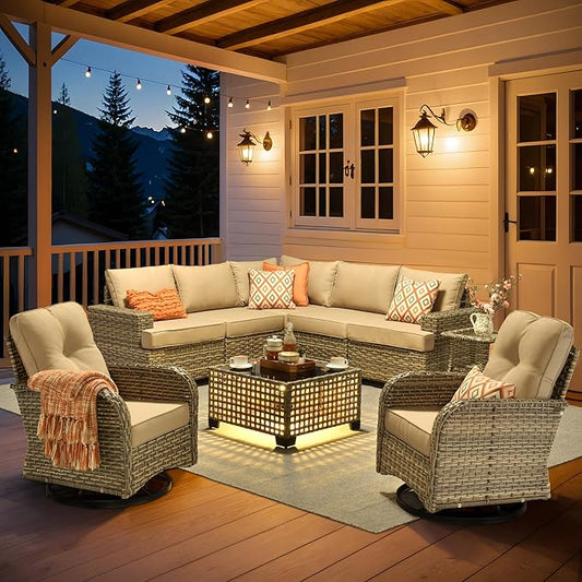 HOOOWOOO Outdoor Sectional Patio Furniture Set,9 Pieces Wicker Conversation Sets L Shaped Couch,Extra Deep Out Door Sofa Outside Furniture with Rocking Chairs,Beige