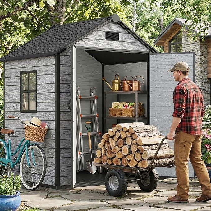EHHLY Outdoor Storage Shed 6x4.4 FT, Resin Shed with Floor, Window & Vents, Waterproof Plastic Shed with Lockable Door for Backyard, Patio, Lawn, Gray - Image 3