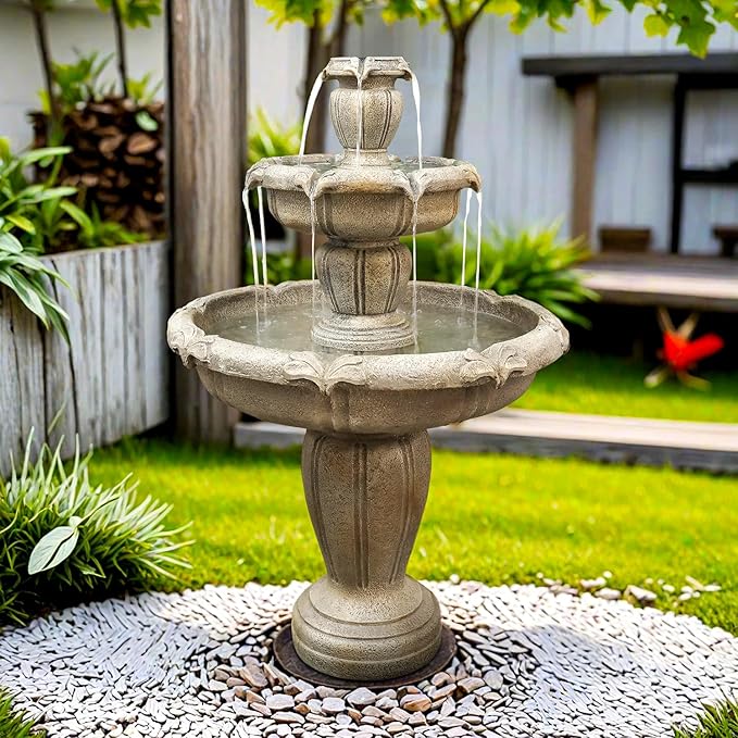 SunJet 48” High Modern Concrete Outdoor Water Fountain - 3 Tiered Large Floor Water Fountain and Waterfalls with Electric Pump for Garden, Patio, Yard, and Deck Decor, Featuring Natural Stone Look