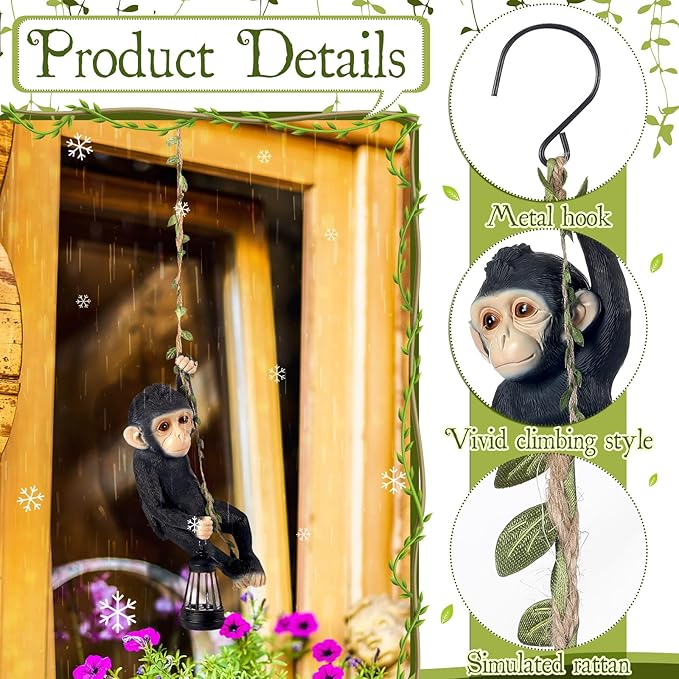 Solar Light Outdoor Monkey Statues Black 13.78 Inch Resin Chimpanzee Baby Monkey Climbing on Vine with LED Lantern Waterproof Hanging Figurine with Hook for Yard Garden Wall