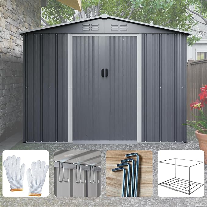 YOPTO 8X6 FT Outdoor Storage Shed with Roof,Waterproof House Tool Cabinet W/Metal Foundation & Lockable Doors,for Shovels,Umbrellas,Antennas,Escalators,Gray - Image 9