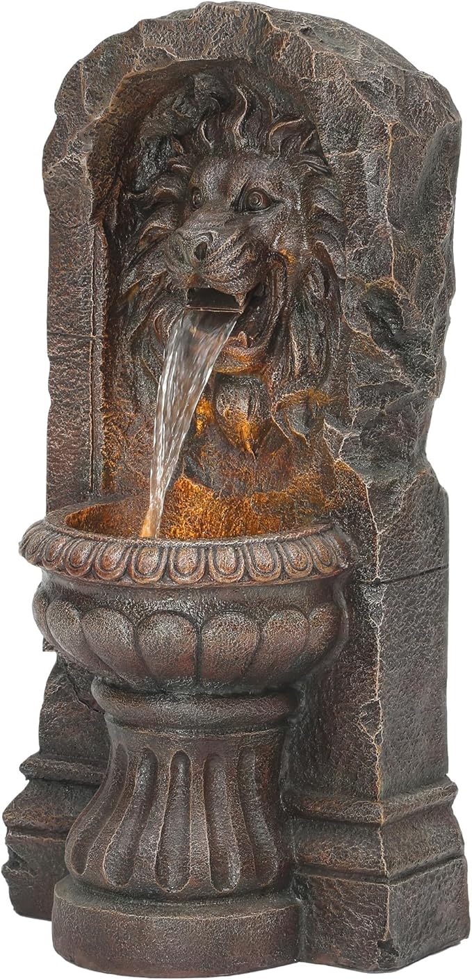 30" Majestic Lion Head Outdoor Water Fountain, Rustic Stone Pedestal Cascading Water Feature with Warm LED Lights, Tranquil Oasis for Outside Garden Patio Yard Decor
