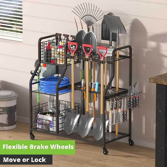 keomaisyto Garden Tool Organizer with Heavy Duty Wheels for Garage - with 2 Baskets, Large Yard Tool Organizer and Storage Holder, Utility Garden Tool Rack for/Shed/Garage/Yard/Basement/Lawn - Image 4