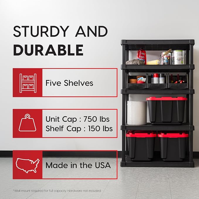 IRIS USA 5-Shelf Heavy Duty Plastic Storage Shelves, 750lb Capacity, 68" H x 36" W x 18" D, Large Modular Shelving Unit Storage Organizer for Garage, Home, Warehouse & Gym, Storage Rack - Black - Image 4