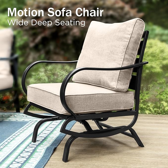 PHI VILLA 6 Piece Patio Furniture Sets with 1 x 3 Seater Padded Deep Seating Bench, 2 x C-Base Cushioned Sofa Chairs, 2 x Leg Sofa Chairs and 1 x Coffee Table, Outdoor Metal Furniture Set for 7