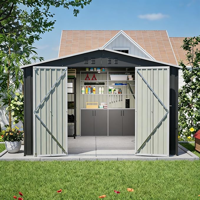 YOPTO 10x10 FT Outdoor Storage Shed,Large Metal Tool Sheds with Updated Frame Structure and Lockable Doors, Garden Shed for Backyard Patio Lawn, Black - Image 3