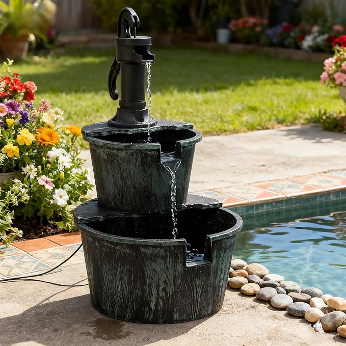 Athena Collection 27'' Height Electric Waterfall Fountain 2 Tier Stepped Barrel Vintage Fountain Polypropylene with Pump Freestanding Floor Tabletop Fountain for Outside, Patio, Garden, Green