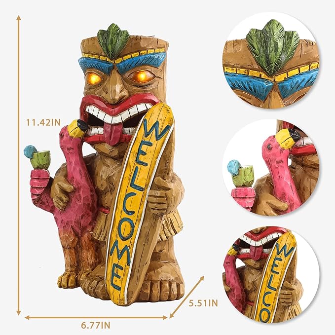 Solar Tiki Statue Outdoor Decor - Tiki Surfboard Welcome Sign Flamingo Waterproof Figurines for Tiki Bar,Patio,Balcony,Yard,Lawn Decorations,Gardening Gift for Tiki Lover