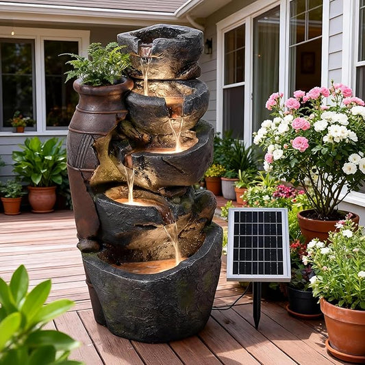 5-Tiers Solar Powered Cascading Rock Jar Water Fountain Outdoor, 31.7" H Outside Fountains and Waterfalls with 4 LED Lights for Patio, Deck, Porch, Backyard and Home Art Docor