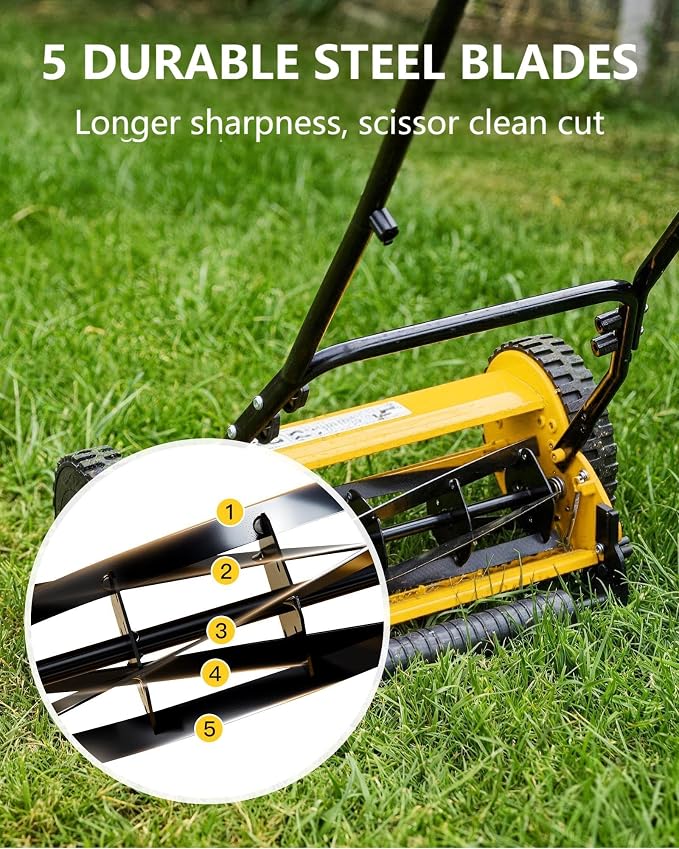 14-Inch Hand Push Reel Lawn Mower, 5-Blade Manual Push Lawnmower, 0.4-4“ Adjustable Cutting Height, Lightweight for Small/Medium Yards, Easy Assembly, Compact & Quiet, Yellow - Image 5