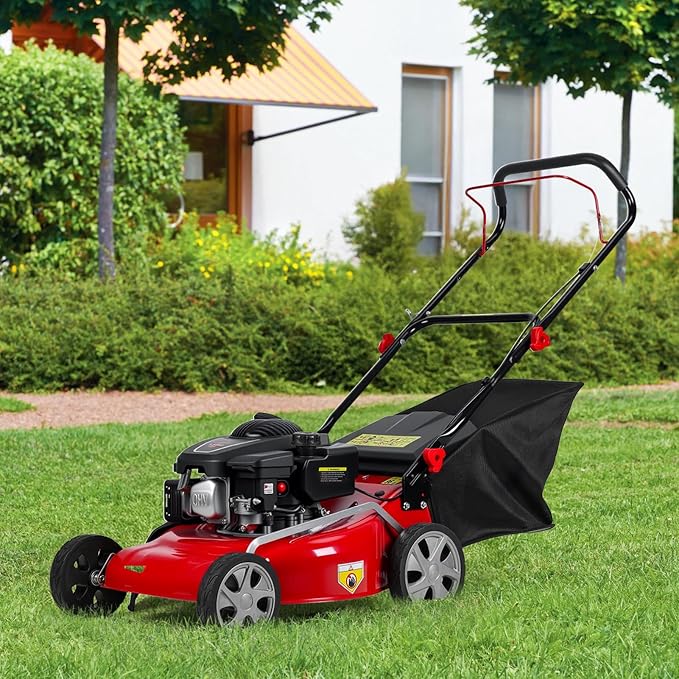 131cc Gas Lawn Mower, Self-Propelled Rear-Wheel Drive, 18 Inch Cutting Width, 50L Grass Bag, 3-in-1 Mulching/Side Discharge/Rear-Bagging, Lightweight Push-Button Start Mower for Thick Slopes Red - Image 7