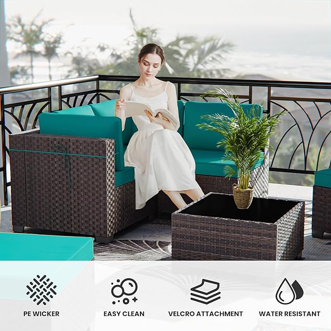 13 Pieces Outdoor Patio Furniture Set,Outdoor Sectional Furniture with 43" 55000 BTU Gas Propane Fire Pit Table,PE Rattan Wicker Patio Conversation Set with 10 Thickened Cushions,Turquoise Blue