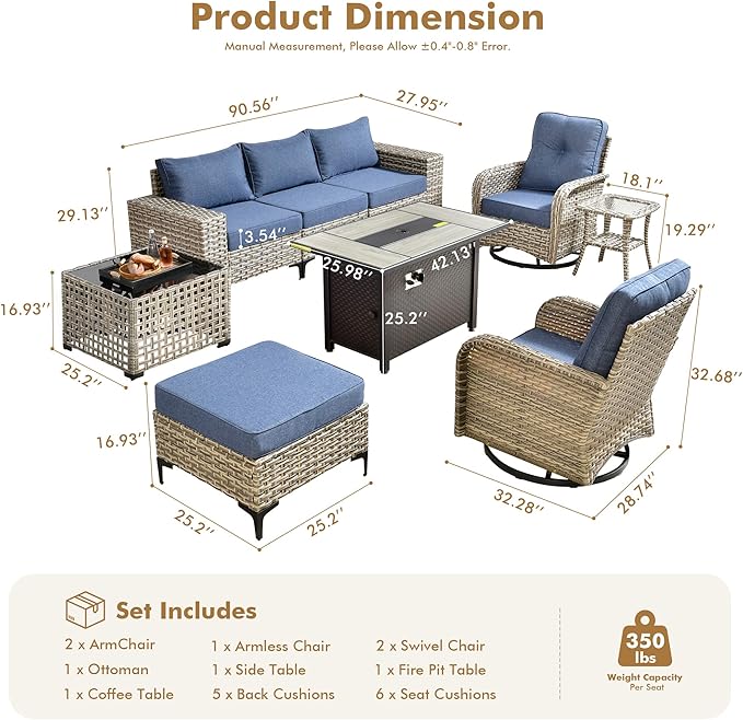 Patio Furniture Set,9 Pieces Outdoor Wicker Conversation Sets with 42 in Fire Pit Table,2 Wicker Rocking Chair & Coffee Table,Outdoor Sectional Sofa for Balcony Backyard Poolside Garden Lawn(Blue)