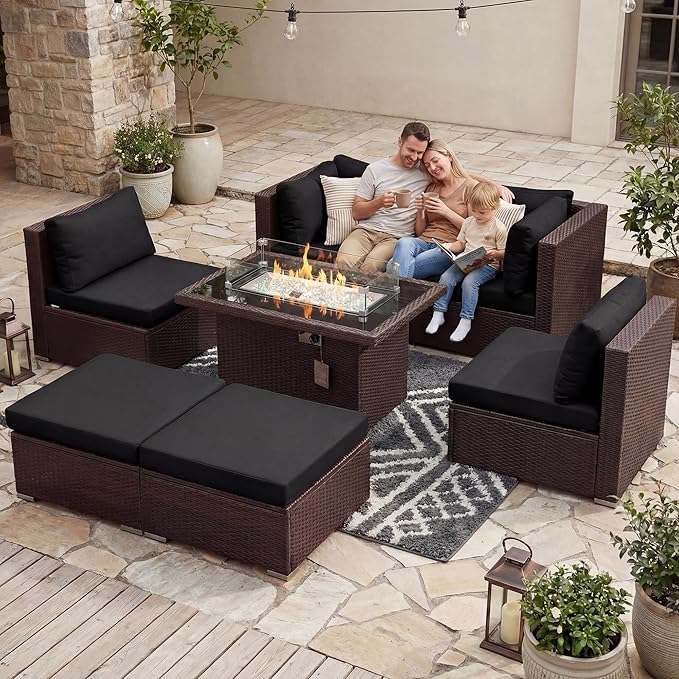 BULEXYARD 7 Pcs High Back Patio Furniture Set with Fire Pit Table Propane/Natural Gas Dual Fuel, Heavy Duty Outdoor Sectional Couch, Comfy Backyard Seating for Exterior, Brown Wicker & Black Cushion