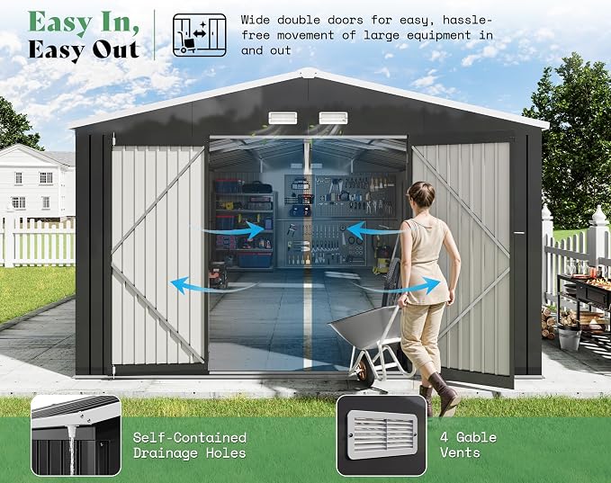 VanAcc 12x20x7.2 FT Outdoor Storage Shed with 2 Transparent Panels, Metal Garden Shed with Hinged Double Doors, Windows & Vents, Reinforced Steel Frame for Backyard Garden, DIY Workshop, Dark Gray - Image 5