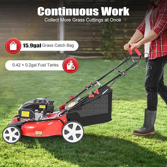 140CC 4-Stroke Self Propelled Gas Lawn Mower, 5HP High Wheel FWD Gas Walk Behind Lawn Mower, 8 Position Height Adjustment, OHV Gasoline Engine with 15.9Gal Grass Bag for Garden Yard Lawn Care - Image 5