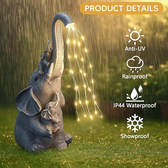 Solar Garden Outdoor Statue with 35 LED Lights, Elephant Figurine for Patio, Balcony, Courtyard, Lawn Ornaments, Unique Valentine's Day Birthday Gift for Women, Mom, Grandma, Elderly