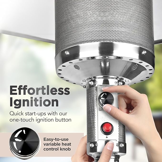Fire Sense 01775 Performance Series Patio Heater With Wheels 50,000 BTU Output Electronic Ignition System Portable Outdoor Propane Heater - Unpainted Stainless Steel