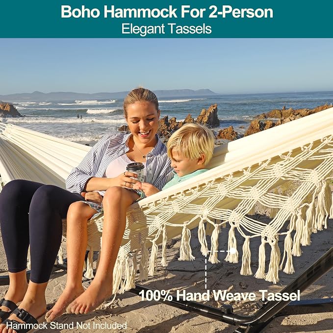 JoyView Boho Macrame Double Hammock with Hanging Ropes & Elegant Tassels 86.6x59 Portable Cotton Hammock for Patio Backyard Porch 450LBS Weight Capacity Perfect for Outdoor/Indoor - Beige Color - Image 2