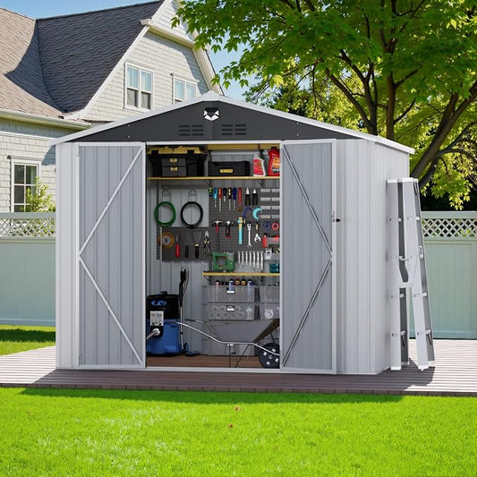 10X8 FT Outdoor Storage Shed, Metal Garden Shed - Tool Storage Sheds with Lockable Doors, Waterproof Outside Storage Building for Backyard, Patio (White; Floor Not Included) by BENASS