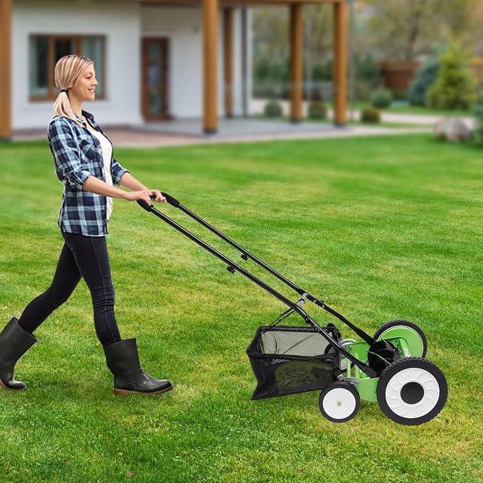 16 Inch Manual Lawn Mower, 5-Blade Manual Reel Push Behind Machine, Walk-Behind Mowers Outdoor Equipment with Grass Catcher Bag for Green Lawns Driveways & Courtyards - Image 4