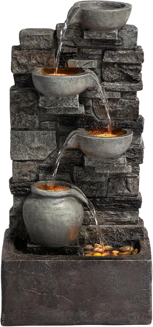 Teamson Home Outdoor 28.5 4 Tier Cascading Bowl Stacked Stone Fountain Yard Décor Gray