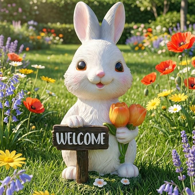Solar Garden Outdoor Rabbit Statue Lights, Waterproof LED Bunny Sculptures for Patio Yard Lawn Backyard Decor (White)