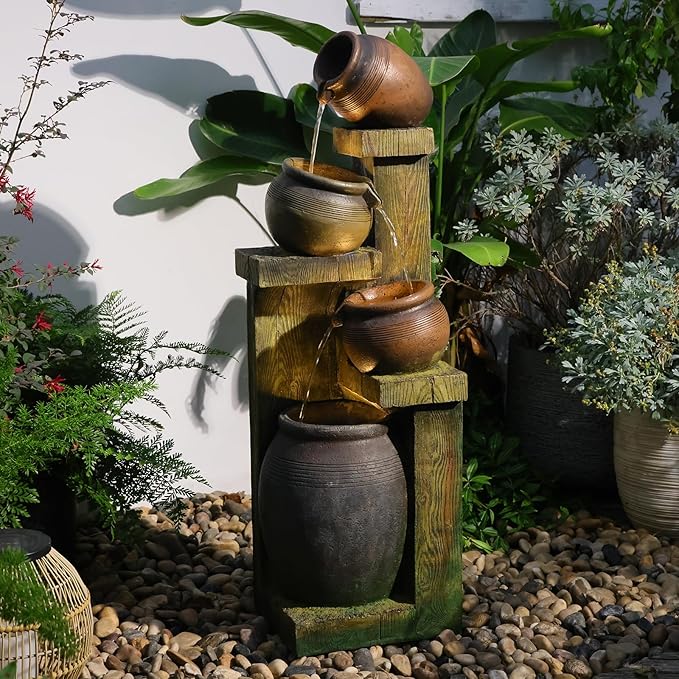 Outdoor Water Fountain with LED Lights, 4-Tier Cascading Waterfall Fountain, Rustic Wood Barrel Resin Outdoor Water Fountain for Garden Patio Backyard Porch Indoor Decor, 36.6" H