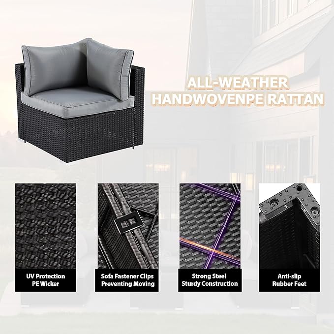 8 Piece Patio Furniture Set - Outdoor Conversation Sets with 56" Fire Table and Coffee Table, Rattan Modular Sofa Set for Garden/Poolside, Grey/Black