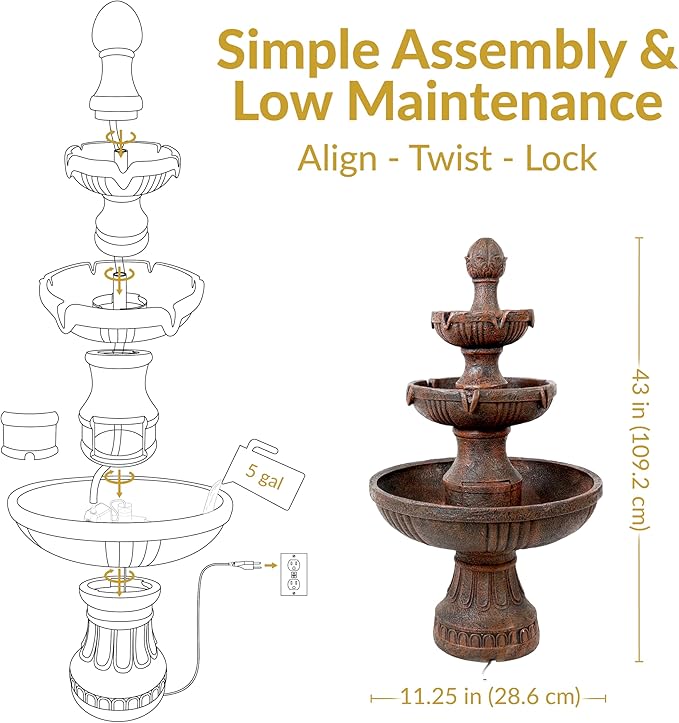 Sunnydaze Flower Blossom 43" Tiered Outdoor Water Fountain - 3-Tiered Outdoor Fountain for Garden, Patio, or Backyard - Earth Finish