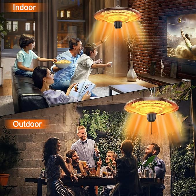 Uniflasy 1500W Electric Hanging Patio Heater - 3s Fast Heating with IP55 Waterproof Protection for All Weather Use, 2 Adjustable Heat Settings, Perfect for Gazebo, Balcony, Living Room, and Courtyard