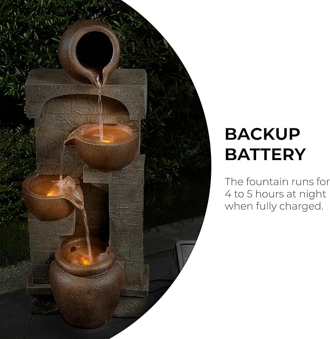 Teamson Home 28 in. Cascading Bowls and Stacked Stones LED Outdoor Water Fountain for Outdoor Living Spaces to Create a Calming Oasis in Gardens and Landscaping, on Patios, Balconies, Lawns, Brown
