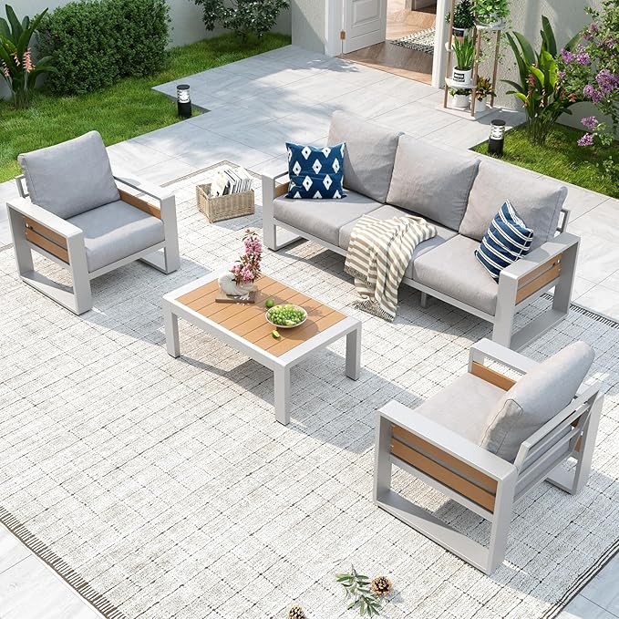 Aoxun Aluminum Patio Furniture Set, 5 Seats Luxury Outdoor Sectional with 6" Olefin Fabric Cushions, Patio Conversation Sets with Coffee Table Outdoor Sofas for Backyard, Deck Grey