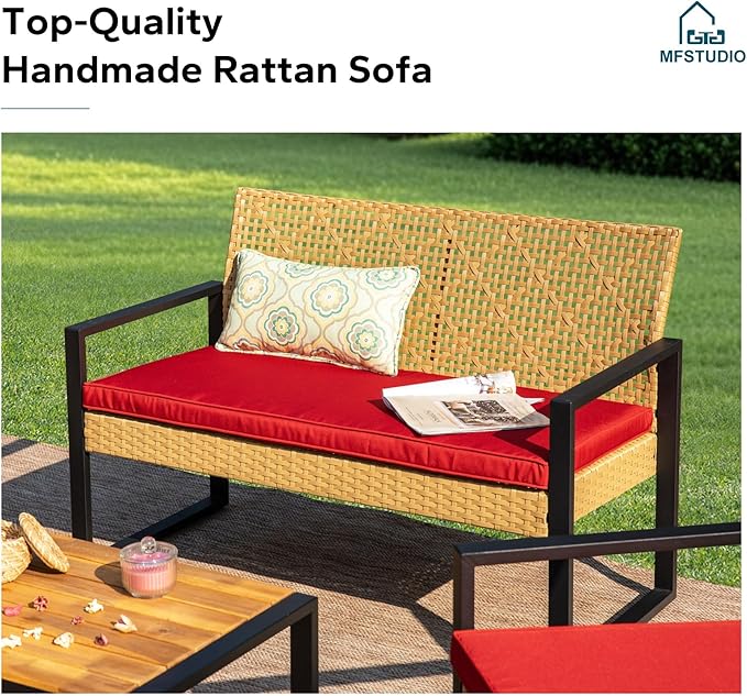 MFSTUDIO 4 Pieces Outdoor Patio Furniture Set, Outdoor Rattan Loveseat Furniture with Wood Table, Loveseat & Chairs, Small Patio Sectional Sofa Set for 4, Red