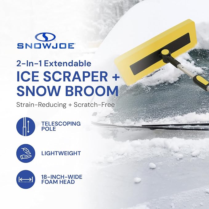 Snow Joe 2-in-1 Telescoping Snow Broom and Ice Scraper with 18-Inch Non-Scratch Foam Head - Car Cleaning Tool with Long Extendable Handle for Windshield, Roof, Truck, and SUV, SJBLZD-PRX - Image 2