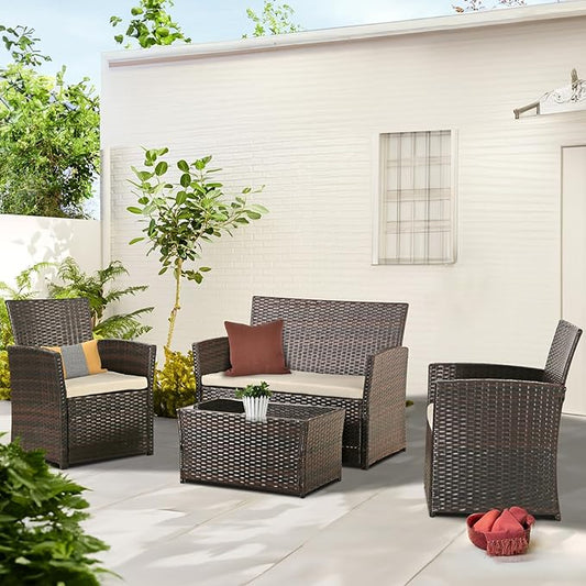 Patio Outdoor Furniture 4 Pieces Sectional Sofa Set Balcony Furniture Wicker Rattan Chairs with Table and Loveseat for Garden, Porch, Backyard, Brown Wicker/Beige Cushion