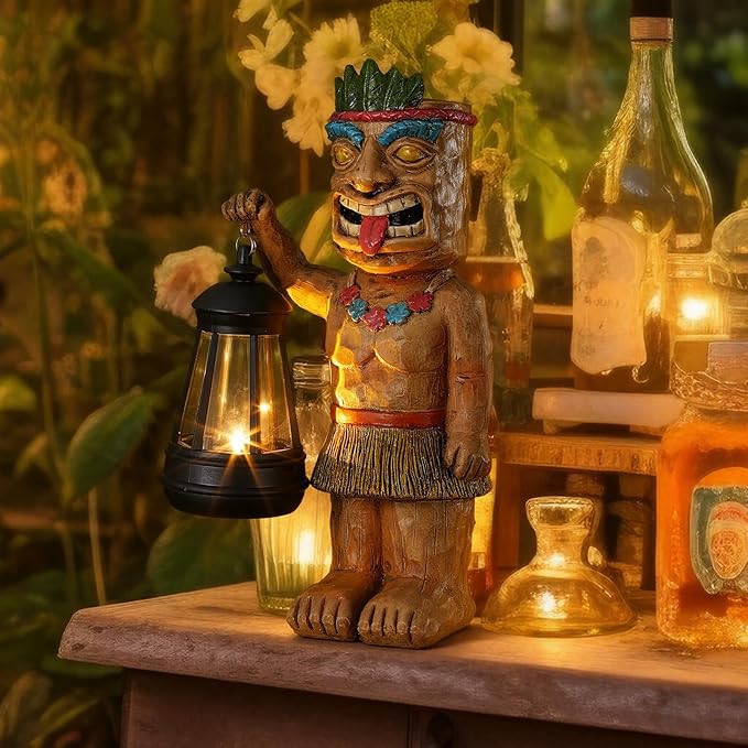 Tuanse 9.5" H Solar Tiki Statue Bar Decorations Outdoor Garden Patio Hawaiian Luau Tiki Figurine with Solar Lantern Light Tropical Summer Decor for Lawn Yard Pool Housewarming Birthday Funny Gift