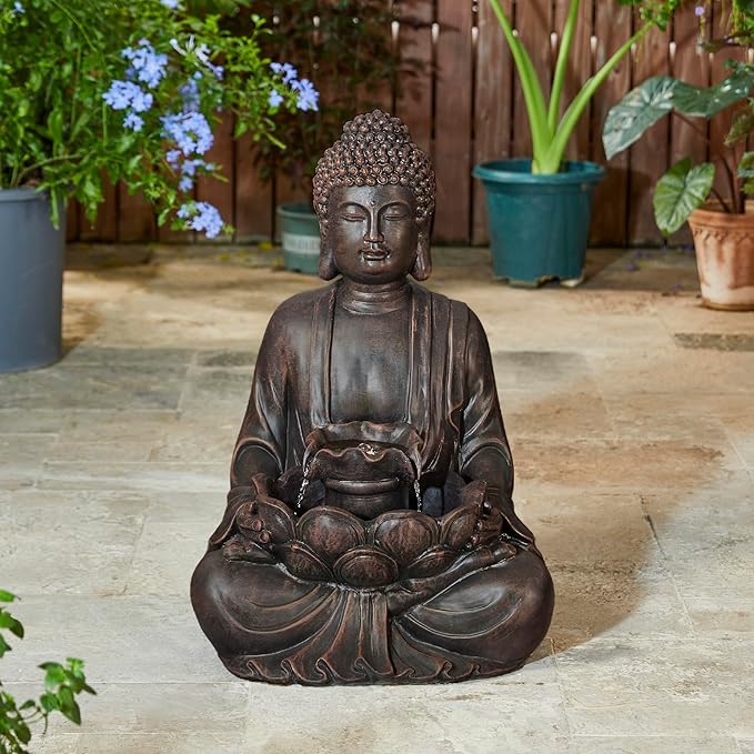 Glitzhome Buddha Fountain with Pump & LED Light, 2 Tier Zen Style Meditating Buddha Water Fountain Outdoor Fountains and Waterfalls Outdoor Buddha Statues for Garden Patio Backyard 28.25" H