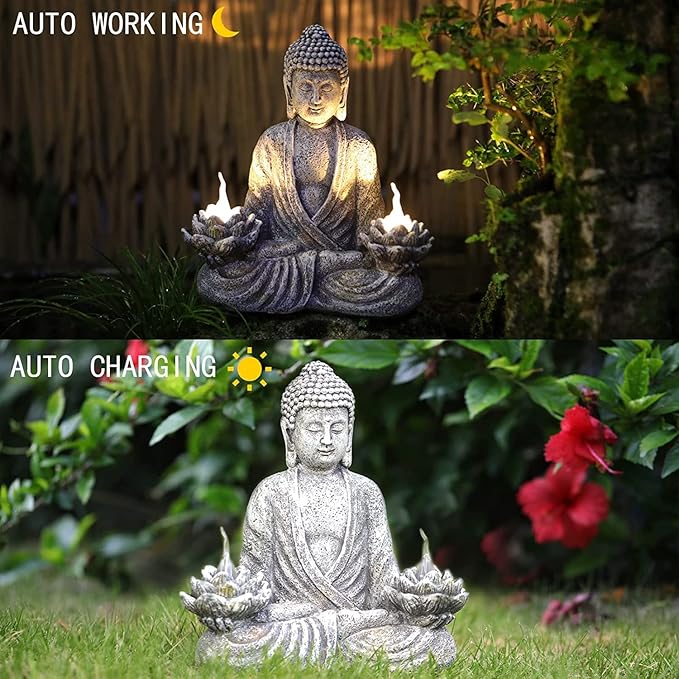 Buddha Statue Zen Sculpture 11.4in Yoga Garden Decor with LED Solar Lotus Lights, Sitting Meditating Buddha Serene Resin Figurine for Patio Yard Lawn Ornaments,Inside or Outside