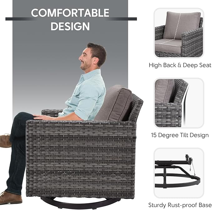 Outdoor Swivel Rocker Chairs - 5 Piece Patio Bistro Set Wicker Patio Rocking Chairs Set with Side Table and Ottomans, 360° Swivel Glider Proch Furniture for Balcony Deck - Grey/Grey
