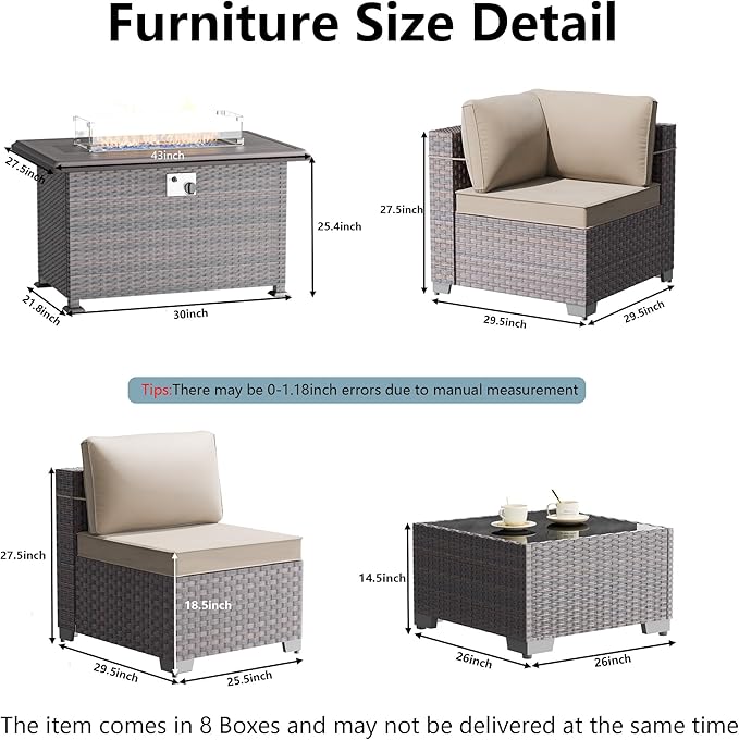 15 Pieces Outdoor Patio Furniture Set,Outdoor Sectional Furniture with 43" 55000 BTU Gas Propane Fire Pit Table,All Weather PE Rattan Wicker Patio Conversation Set,Sand