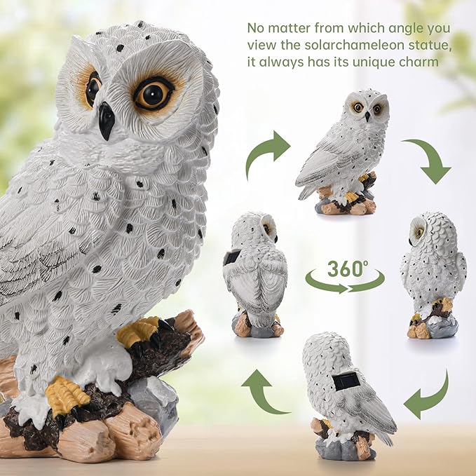 Solar Owl Garden Outdoor Statue,Owl Figurine Sculpture with LED Lights for Porch Patio Lawn Yard Deck Spring Decor - Ideal Easter Day Housewarming Christmas Gift for Women Men Owl Lover(White)
