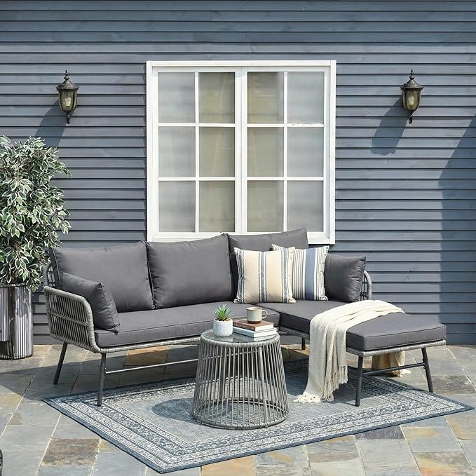 Bezseller 3-Piece Outdoor Patio Furniture Set, L-Shaped Rattan Sectional Sofa with Thick Cushions, Glass Coffee Table – All-Weather Conversation Set for Backyard, Porch, Poolside
